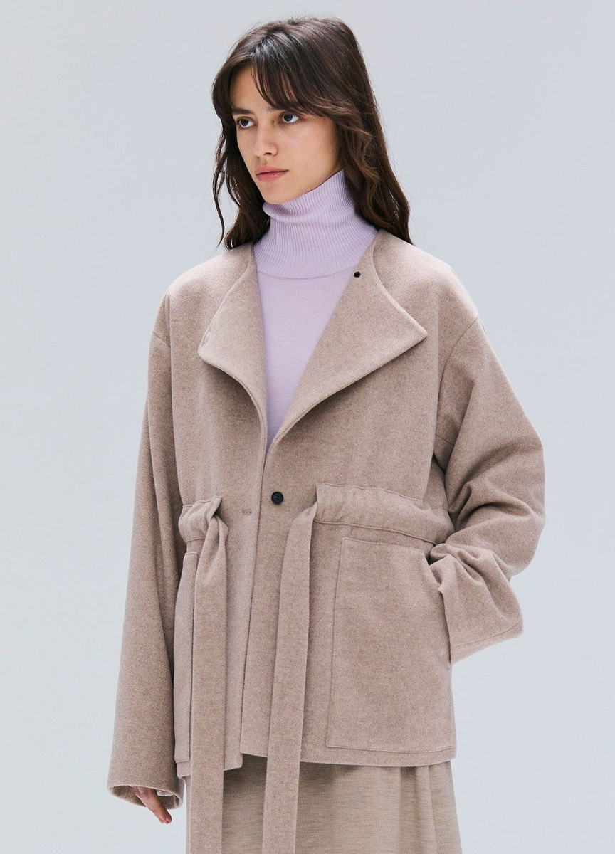 雙面毛料抽腰繩短大衣